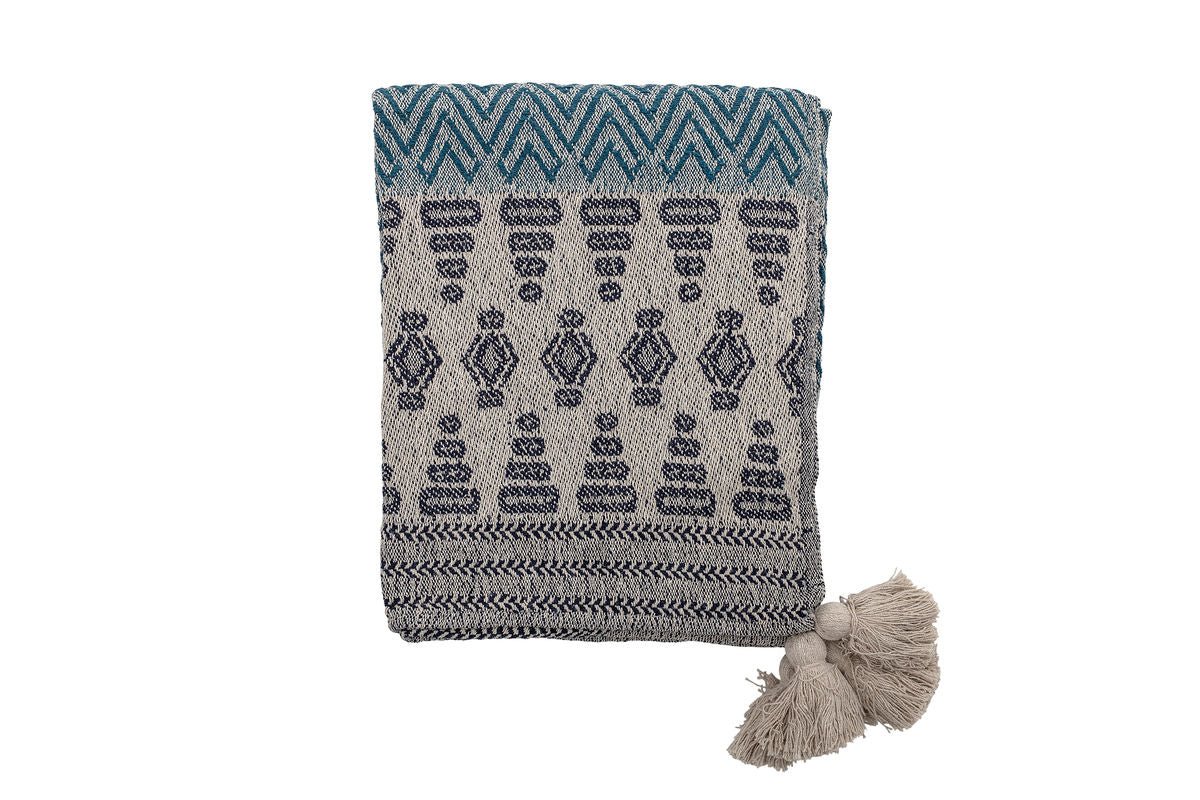 Überwurfdecke Lani  – Blau, aus recycelter Baumwolle