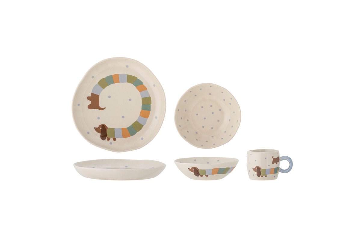 Kinder-Geschirrset Porto – Buntes Steingut mit Hundemotiv (3-teilig)