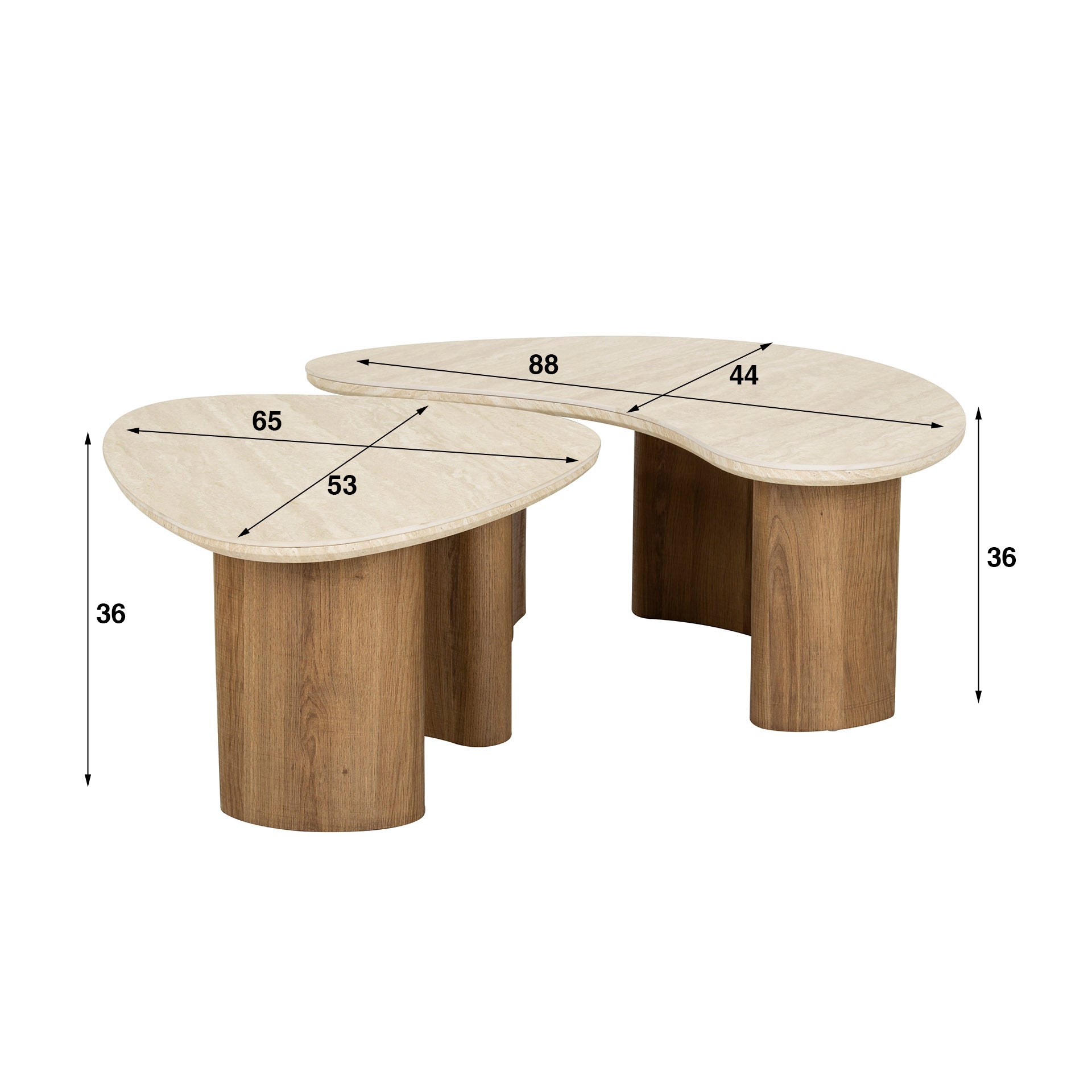 Couchtisch Orvella - 2er Set mit Keramikplatte in Travertinoptik und organischer Form