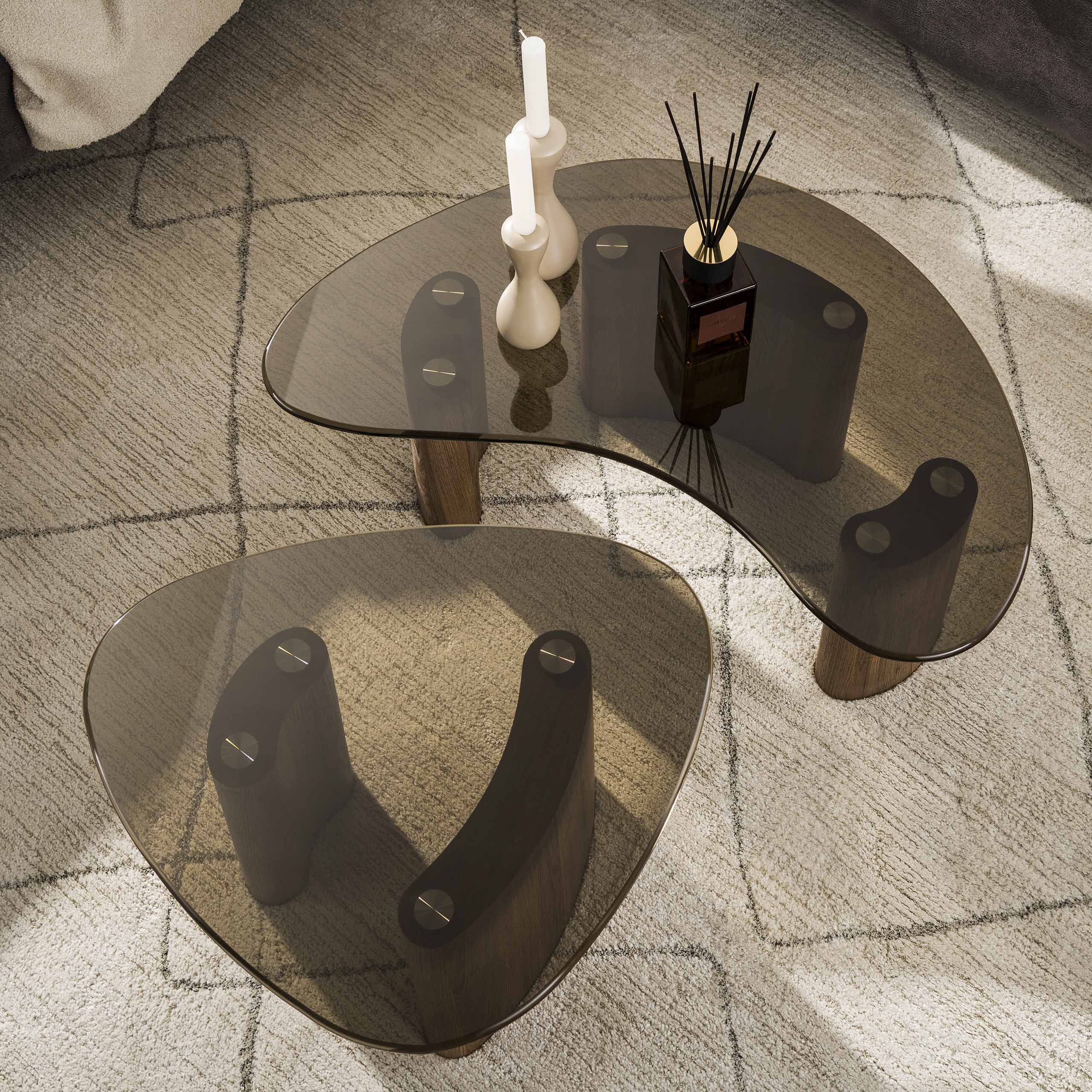 Couchtisch Aurora - 2er Set mit Tischplatte aus Rauchglas und Gestell in Eichenoptik