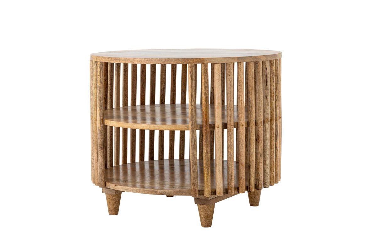 Couchtisch Keegan – Rundes Mangoholz-Design mit praktischen Ablagen