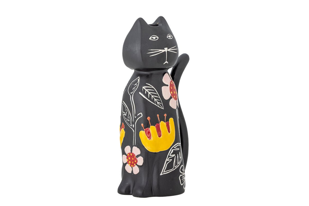 Kerzenhalter Nera – Handbemalte Katzenfigur mit floralen Akzenten