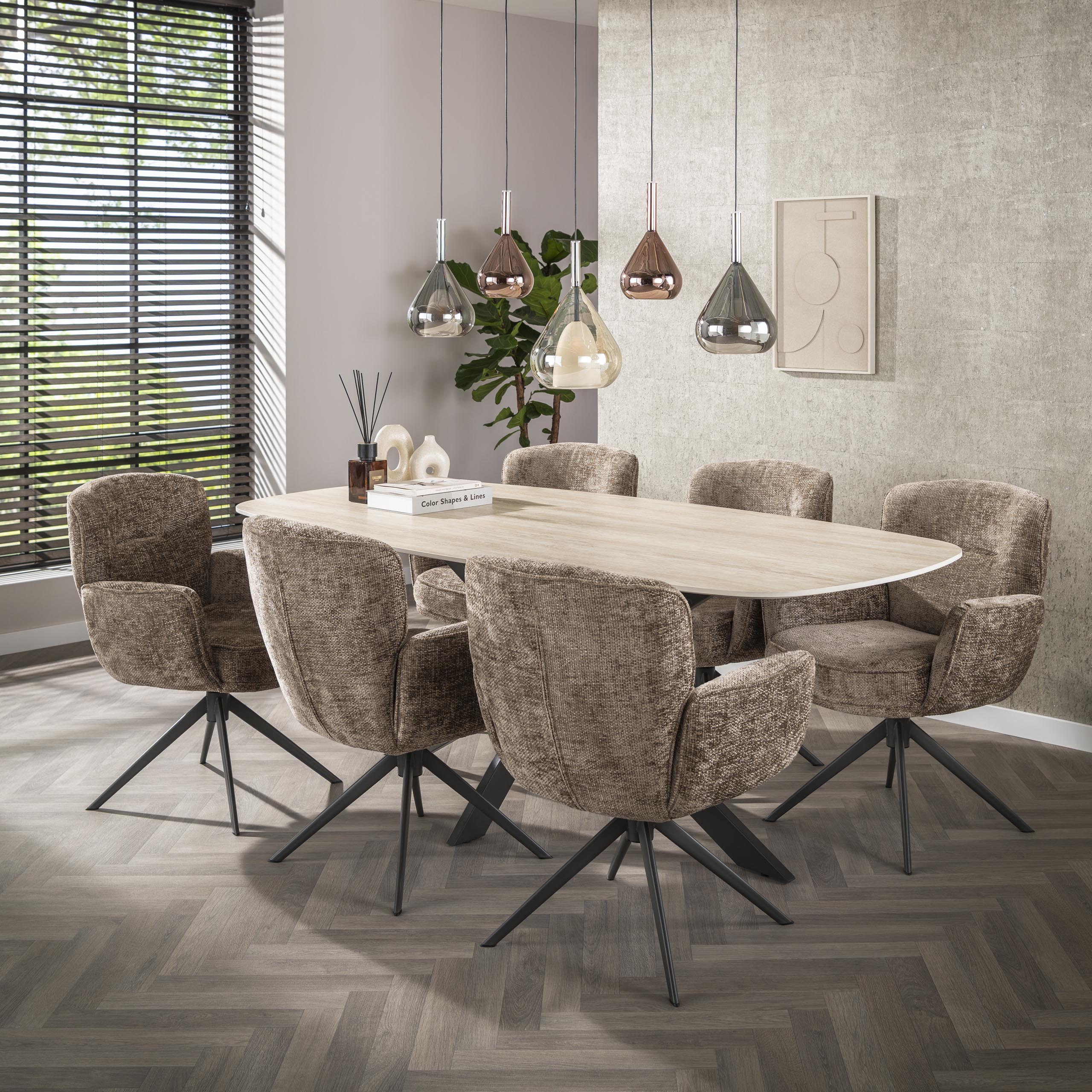 Pendelleuchte "Lysandra“ – 5 tropfenförmige Glasschirme in Bernstein, Kupfer und Chrom