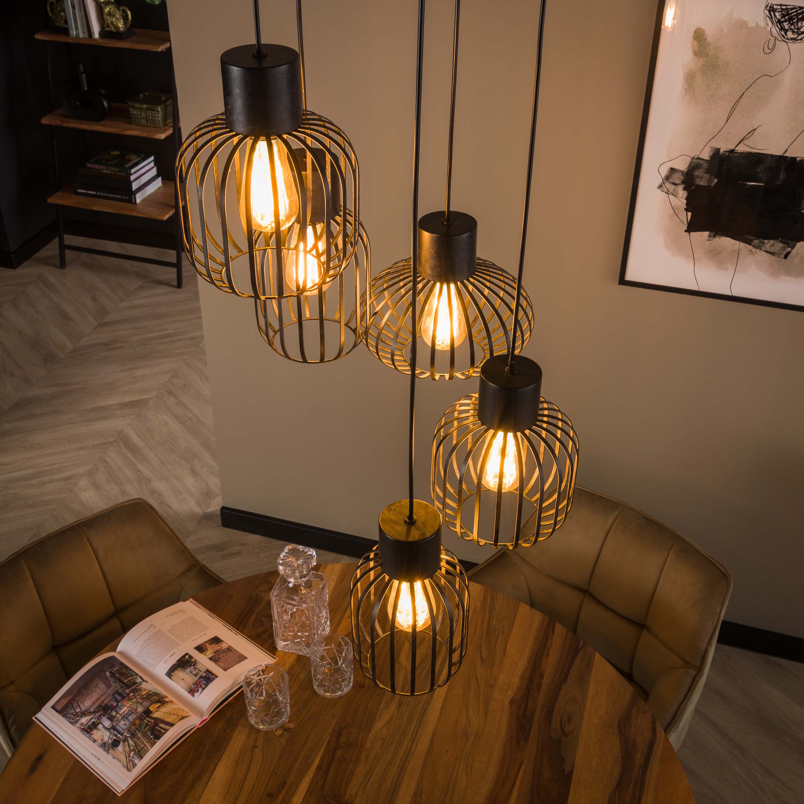 Pendelleuchte „Valeris“ –  Gestuft mit 5 Leuchten aus anthrazitfarbenem Metallgitter