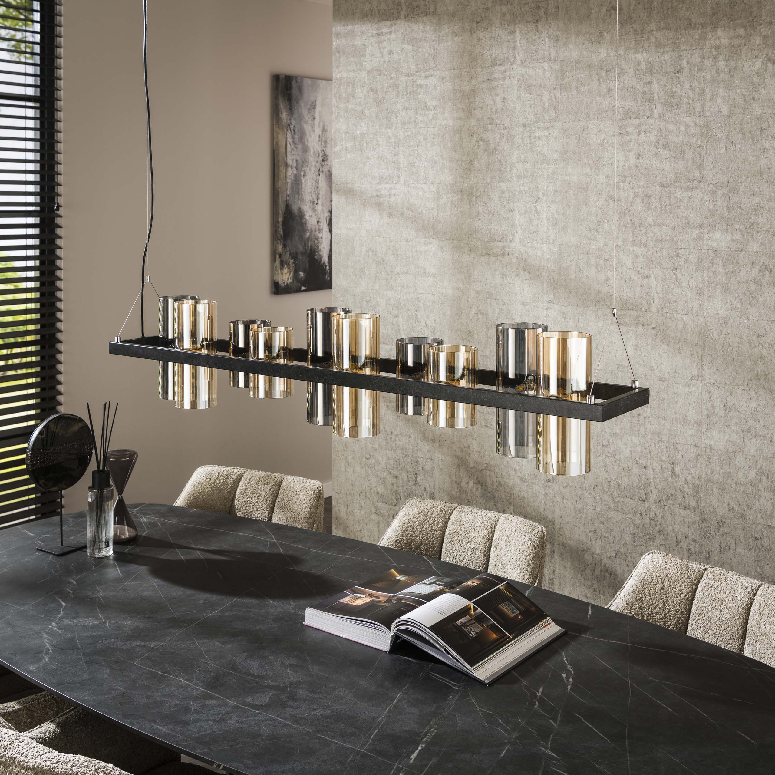 Pendelleuchte "Calivon“ – 10 zylindrische Glasschirme in Bernstein- und Chromoptik