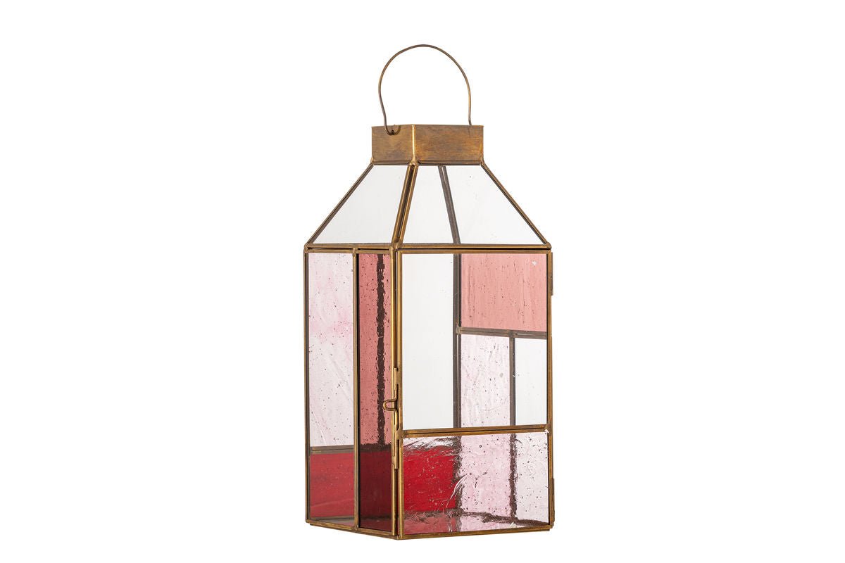 Laterne Amara – Roséfarbenes Glas mit messingfarbenem Rahmen