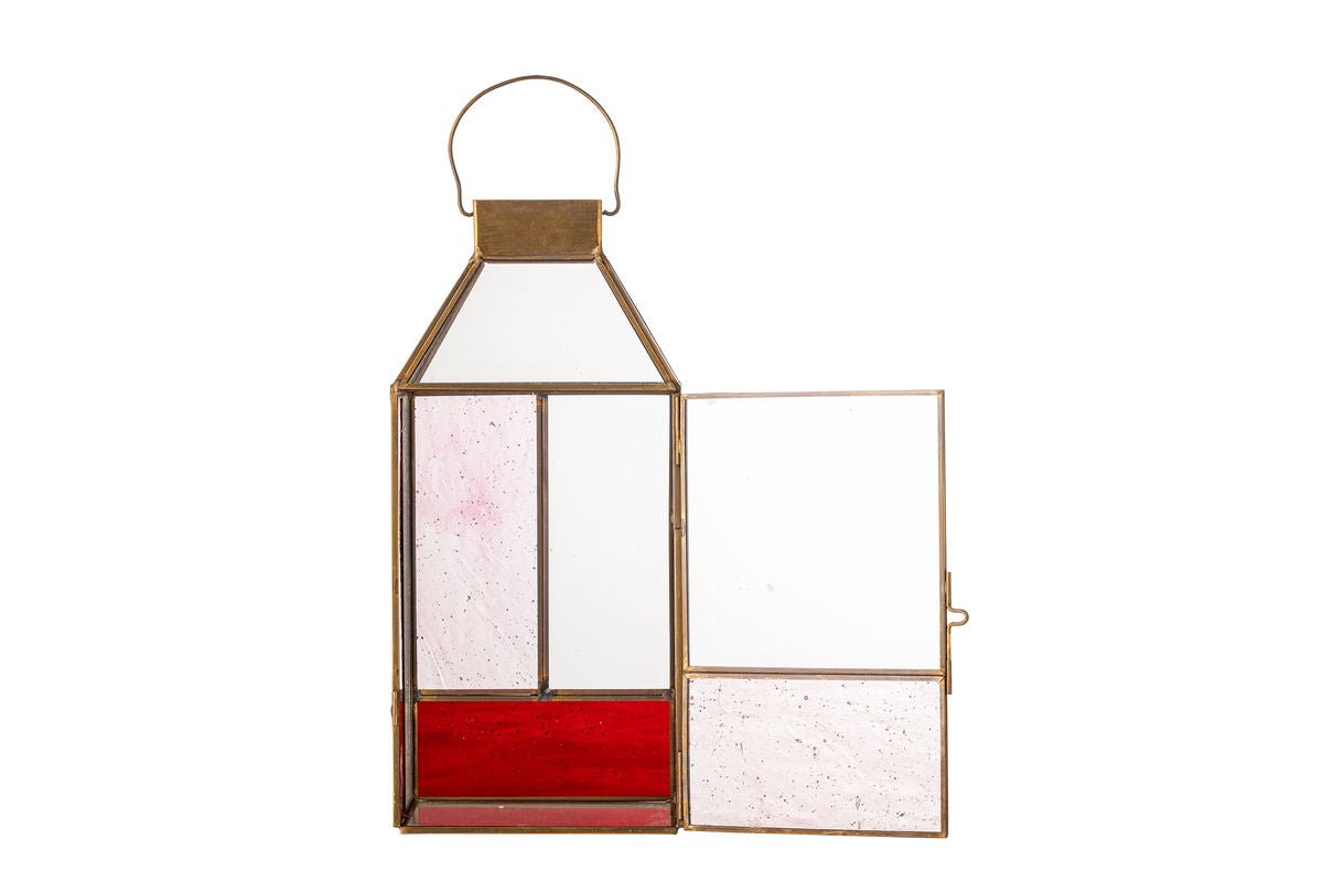 Laterne Amara – Roséfarbenes Glas mit messingfarbenem Rahmen