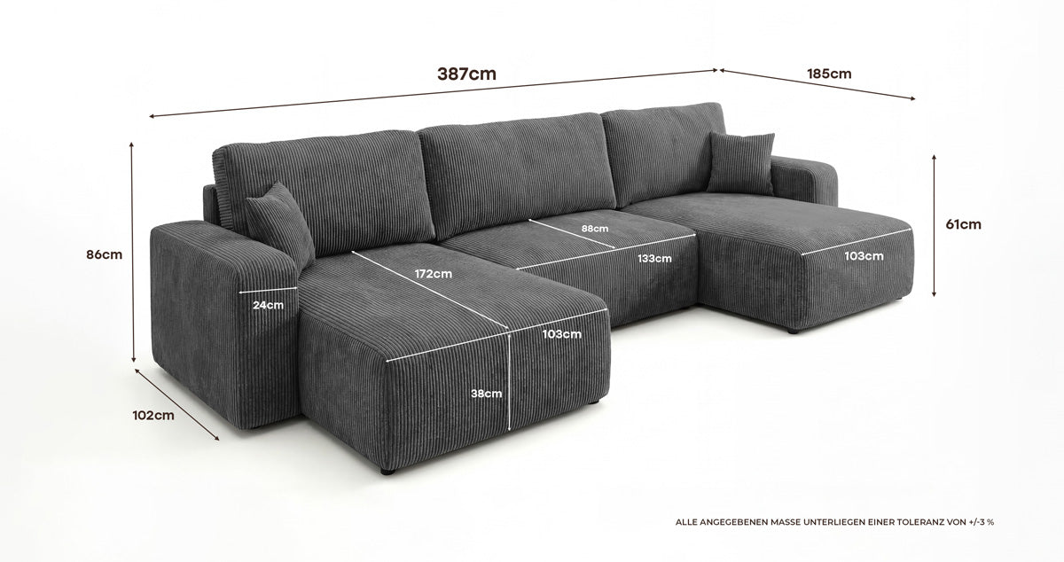 Designer Sofa Noma U mit Schlaffunktion und Stauraum in Cord