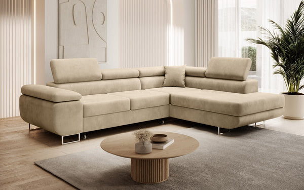 Designer Ecksofa Aston mit Schlaf- und Klappfunktion aus Samt