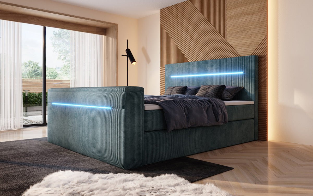 Boxspringbett Sejour mit TV Lift, RGB und Stauraum in Cord