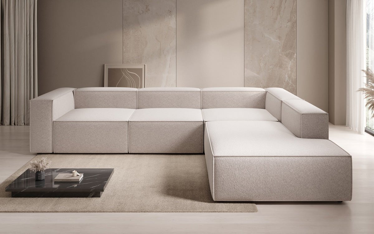 Designer Sofa Lesley L mit langer Ottomane in Strukturstoff