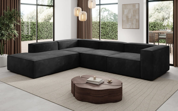 Designer Ecksofa Lesley mit langer Ottomane in Samt