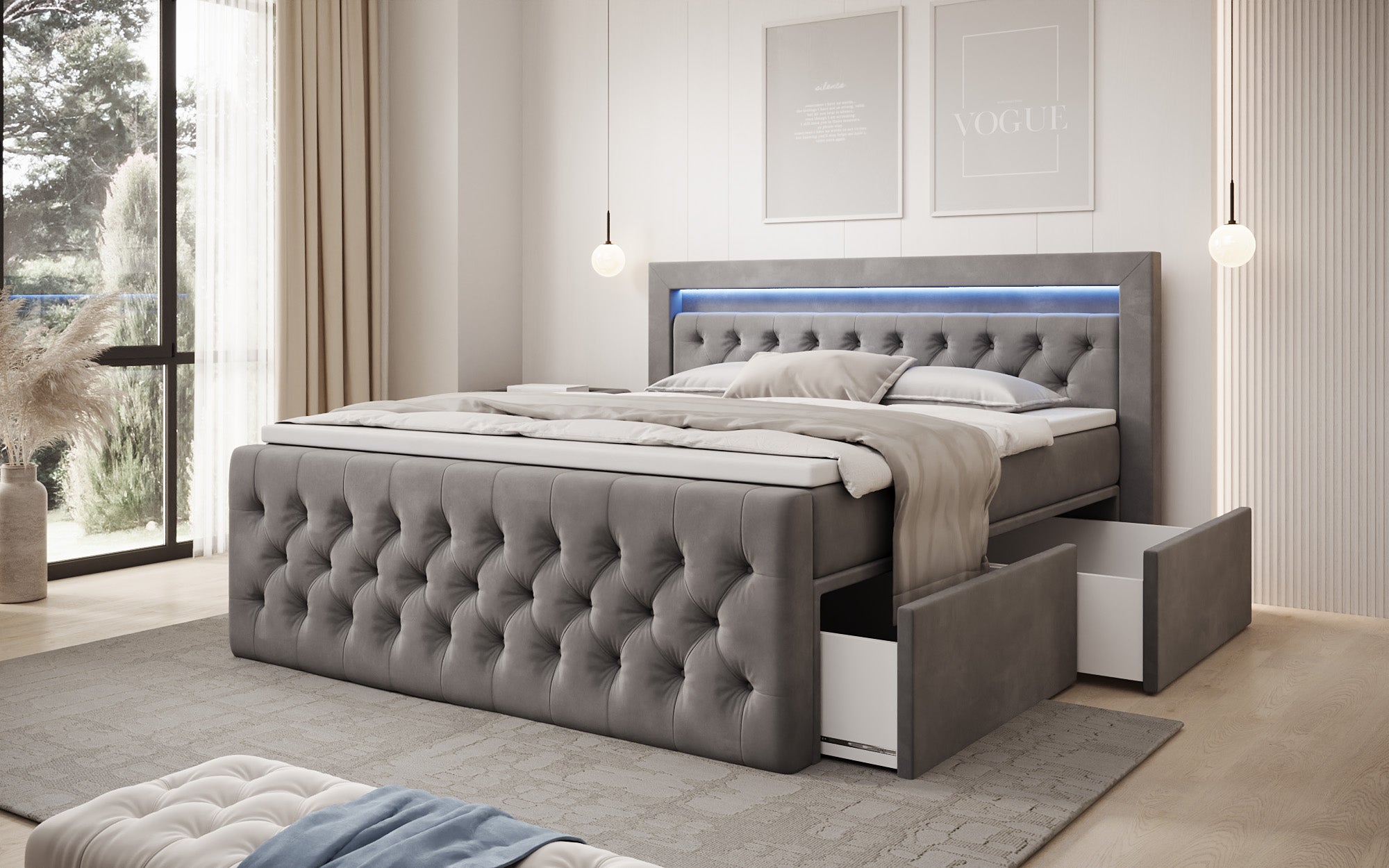 Boxspringbett Menzogna Samt mit LED und Stauraum (2 Schubladen)