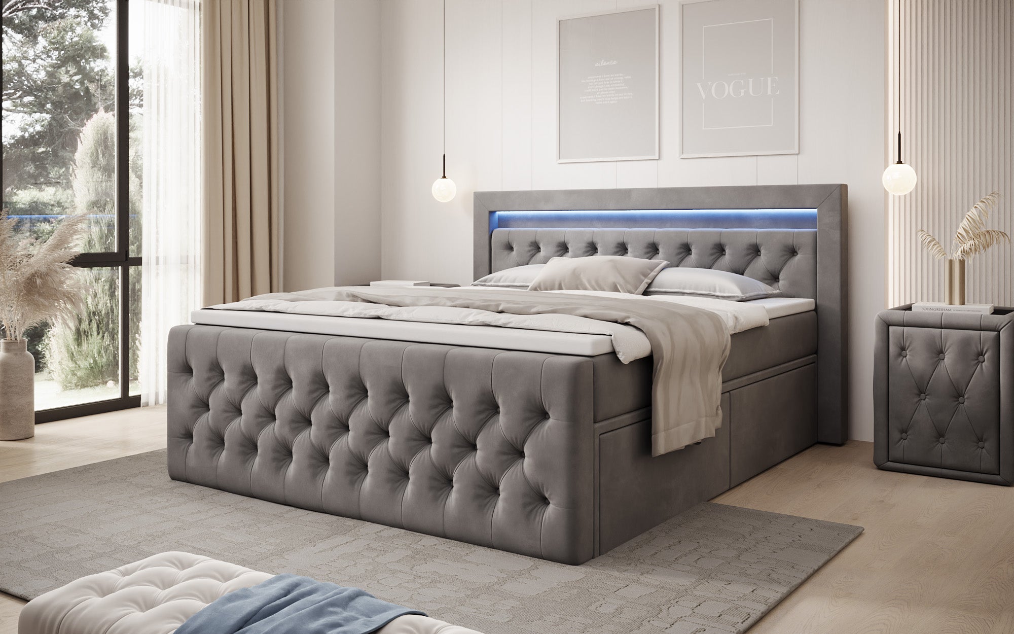 Boxspringbett Menzogna Samt mit LED und Stauraum (2 Schubladen)
