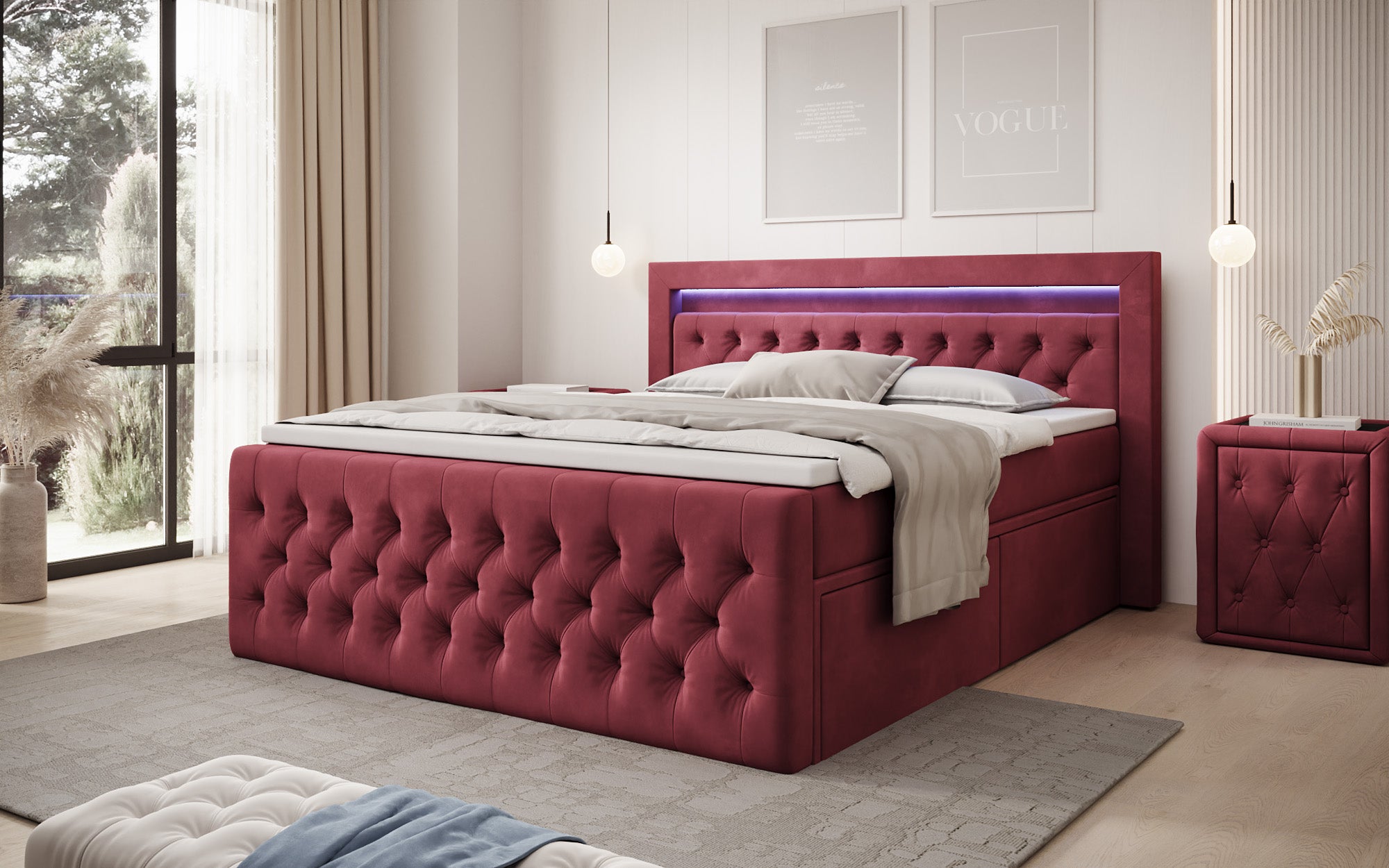 Boxspringbett Menzogna Samt mit LED und Stauraum (2 Schubladen)