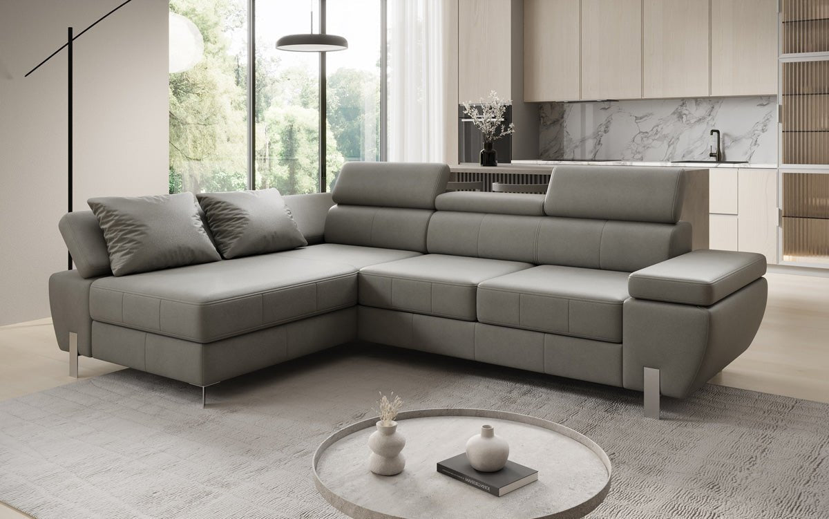 Designer L Sofa Calista mit Schlaffunktion und Stauraum in Echtleder