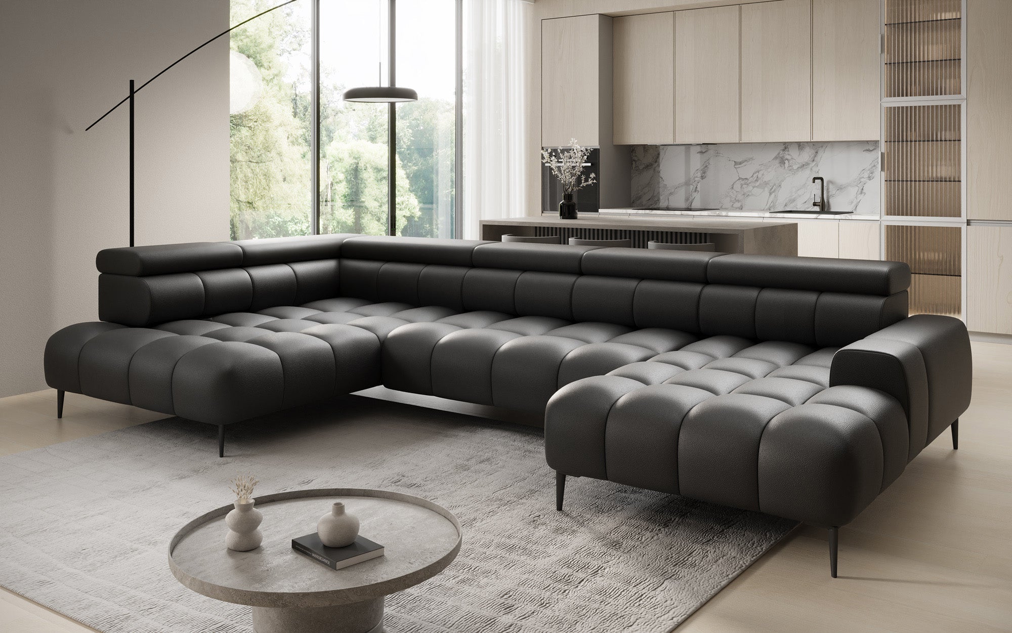 Designer Sofa Ceora U mit elektrischer Schlaffunktion und verstellbarerer Rückenlehne in Echtleder
