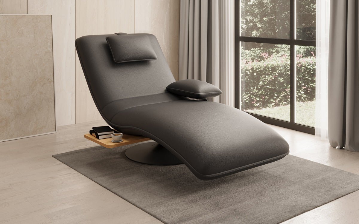 Designer Relax-Liege Velor Echtleder mit Drehfunktion und Beistelltisch
