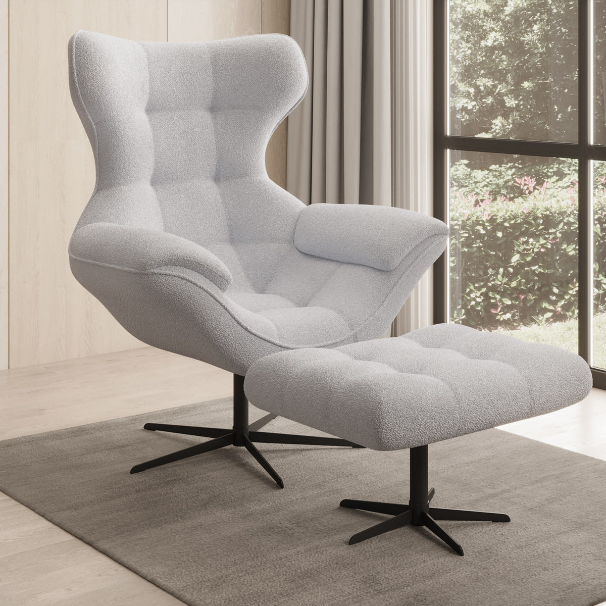 Designer Sofa-Sessel Aurelio inkl. Beistellhocker in Bouclé