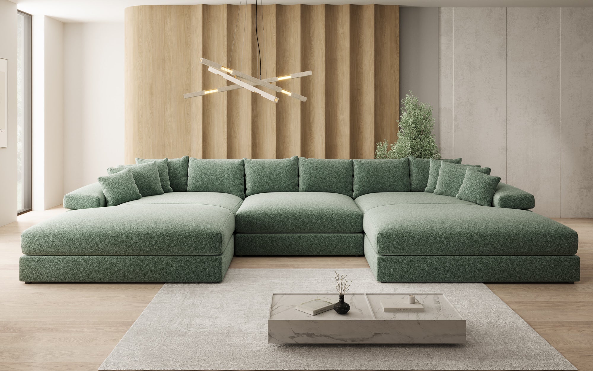 Designer Sofa Bernardo U mit breiter Ottomane in Strukturstoff