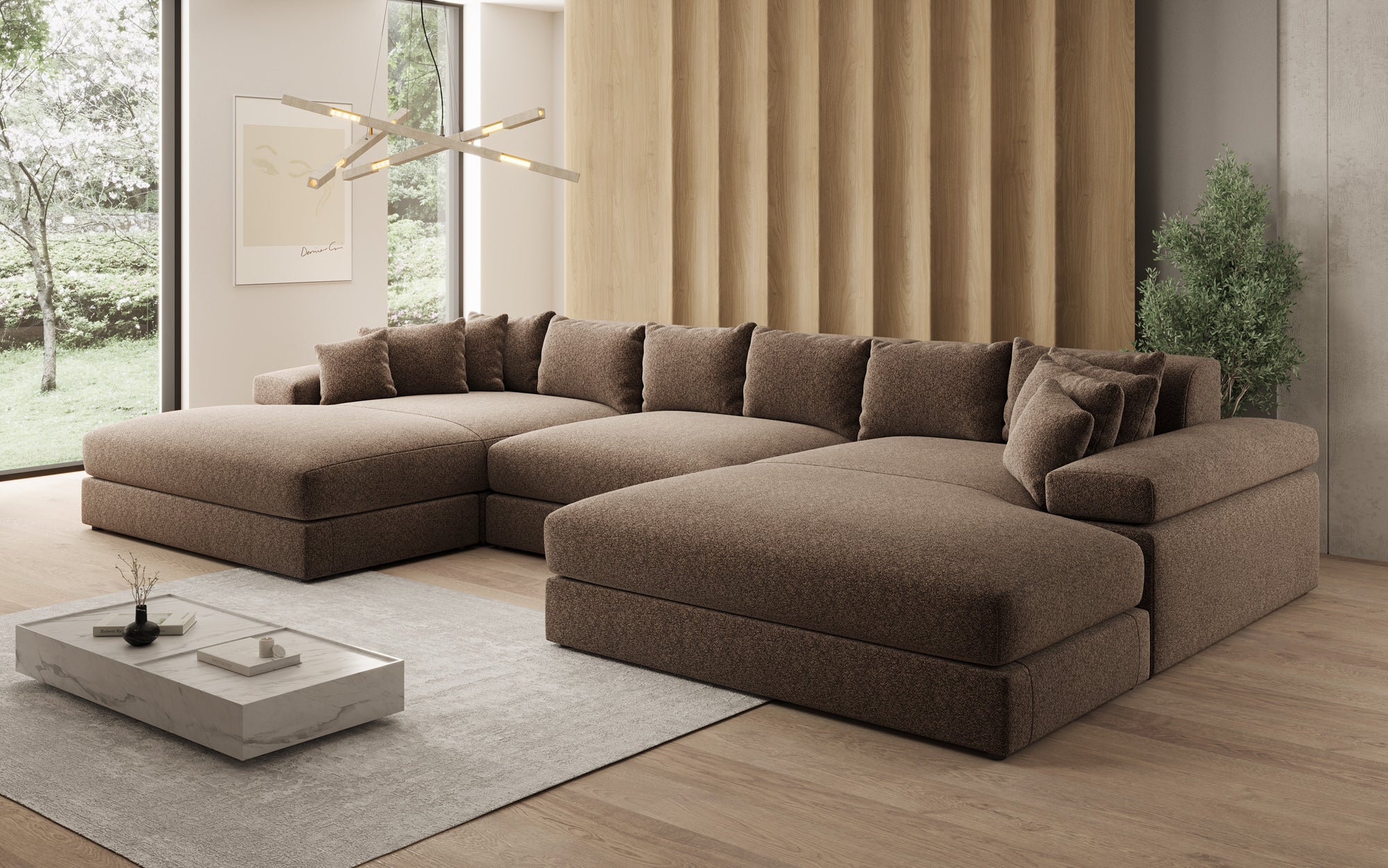 Designer Sofa Bernardo U mit breiter Ottomane in Strukturstoff