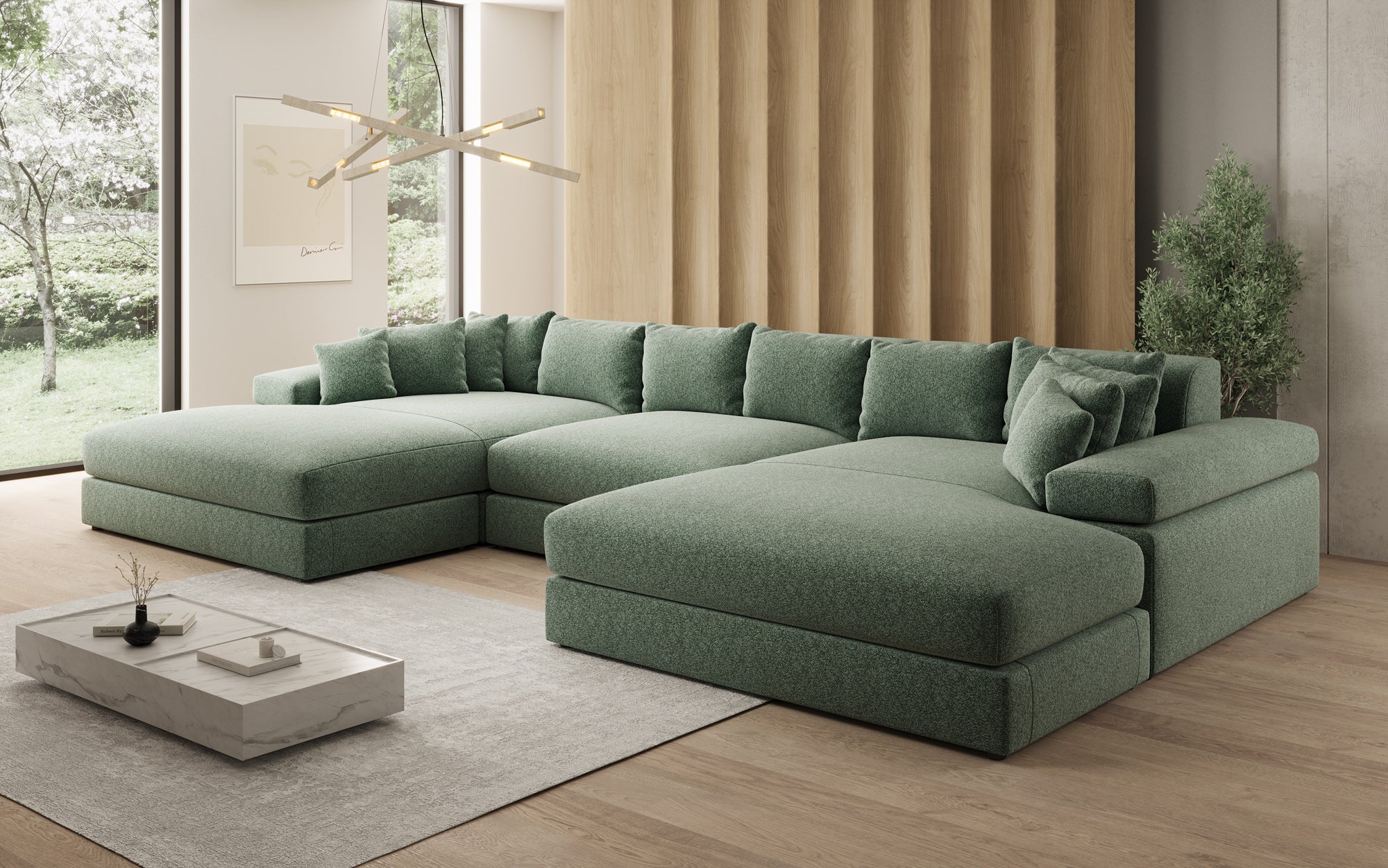 Designer Sofa Bernardo U mit breiter Ottomane in Strukturstoff