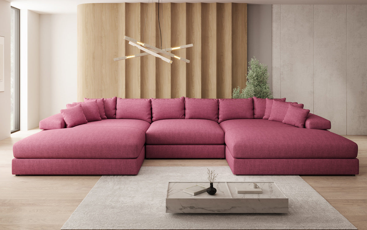 Designer Sofa Bernardo U mit breiter Ottomane in Leinen-Optik