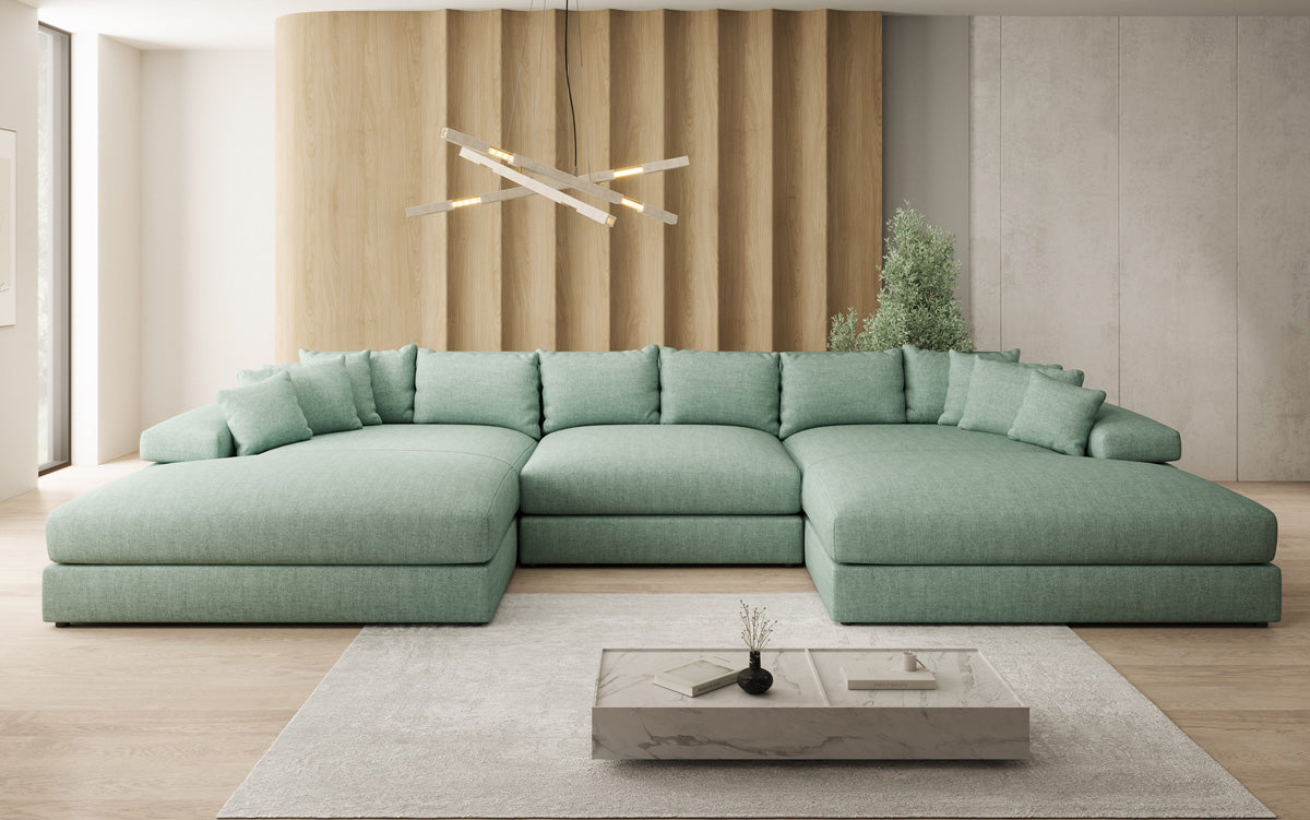 Designer Sofa Bernardo U mit breiter Ottomane in Leinen-Optik