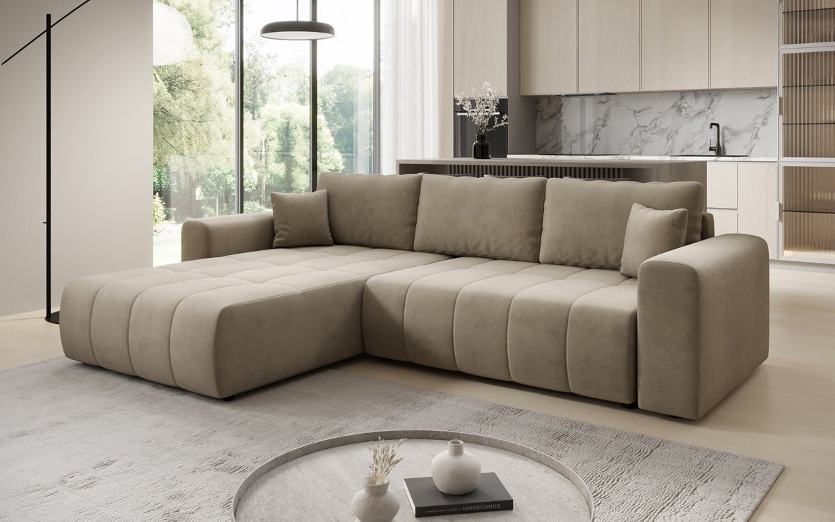 Designer Sofa Leveno L mit Schlaf- und Klappfunktion in Samt