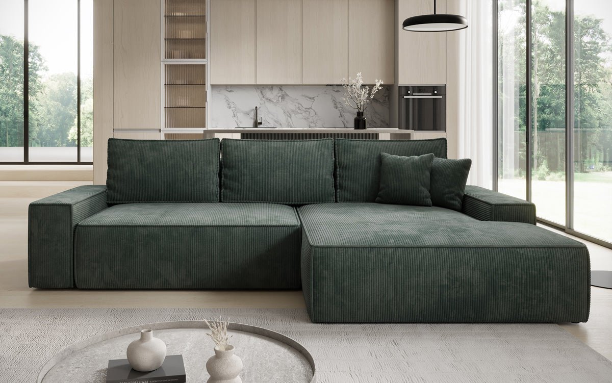 Designer Sofa Verona mit breiter Ottomane mit Schlaf- und Klappfunktion in Cord
