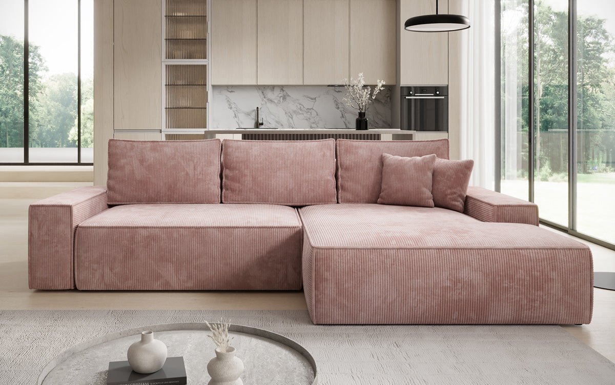 Designer Sofa Verona mit breiter Ottomane mit Schlaf- und Klappfunktion in Cord