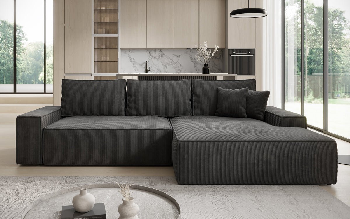 Designer Sofa Verona mit breiter Ottomane mit Schlaf- und Klappfunktion in Cord