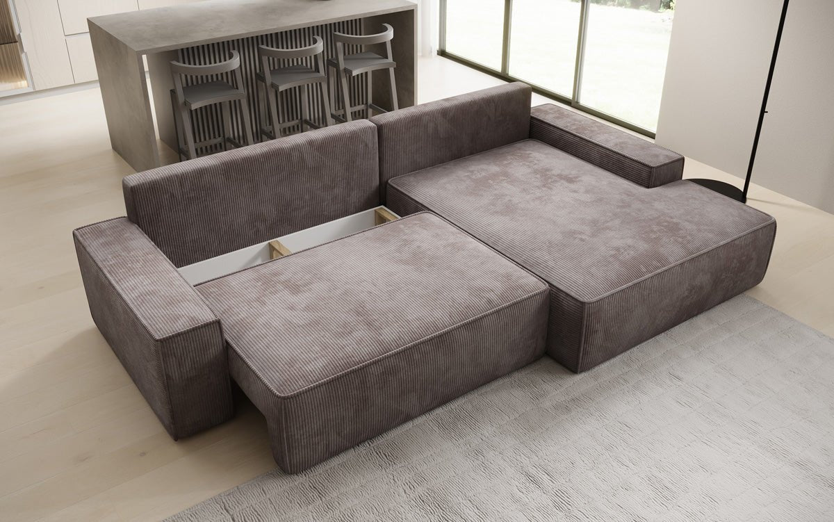 Designer Sofa Verona mit breiter Ottomane mit Schlaf- und Klappfunktion in Cord