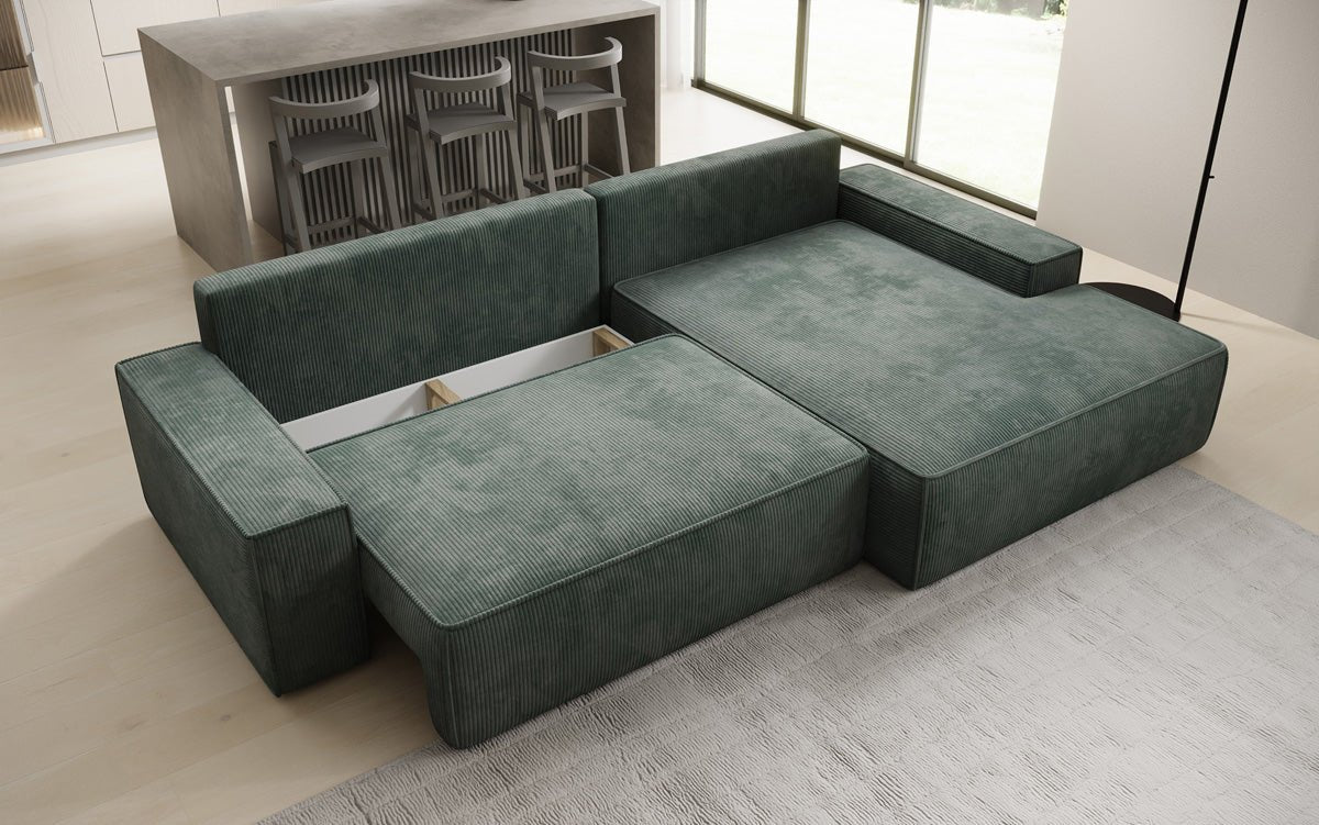 Designer Sofa Verona mit breiter Ottomane mit Schlaf- und Klappfunktion in Cord