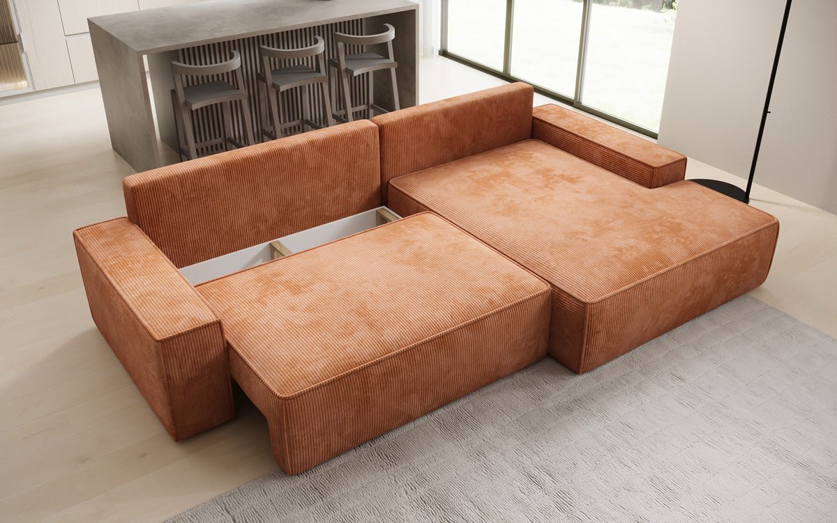 Designer Sofa Verona mit breiter Ottomane mit Schlaf- und Klappfunktion in Cord