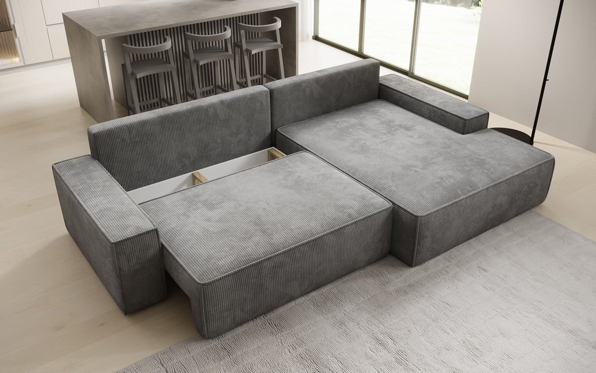Designer Sofa Verona mit breiter Ottomane mit Schlaf- und Klappfunktion in Cord