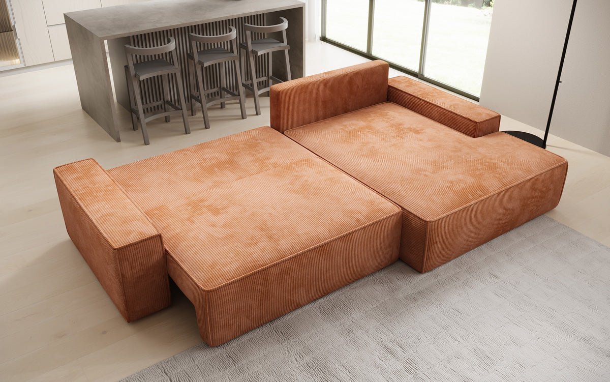 Designer Sofa Verona mit breiter Ottomane mit Schlaf- und Klappfunktion in Cord