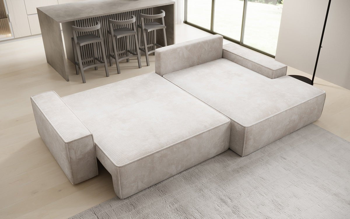 Designer Sofa Verona mit breiter Ottomane mit Schlaf- und Klappfunktion in Cord