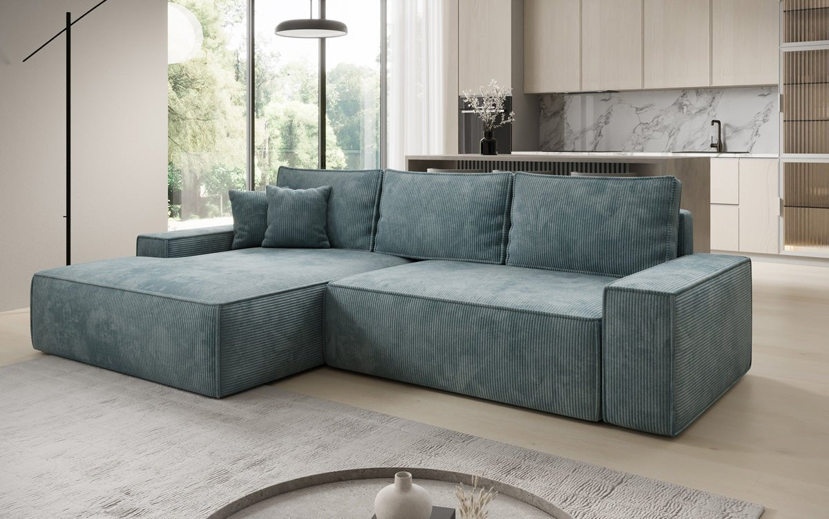 Designer Sofa Verona mit breiter Ottomane mit Schlaf- und Klappfunktion in Cord