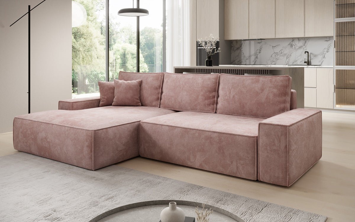 Designer Sofa Verona mit breiter Ottomane mit Schlaf- und Klappfunktion in Cord