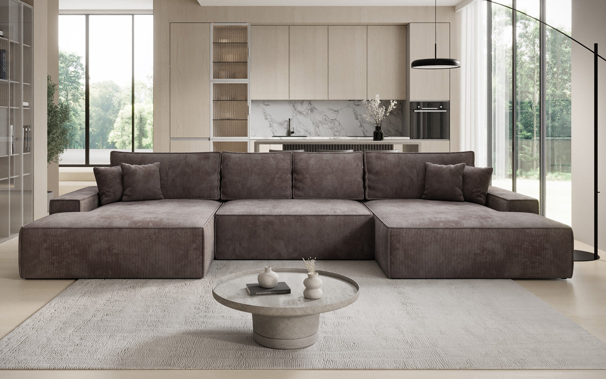 Designer Sofa Verona U mit breiter Ottomane mit Schlaffunktion und Stauraum in Cord