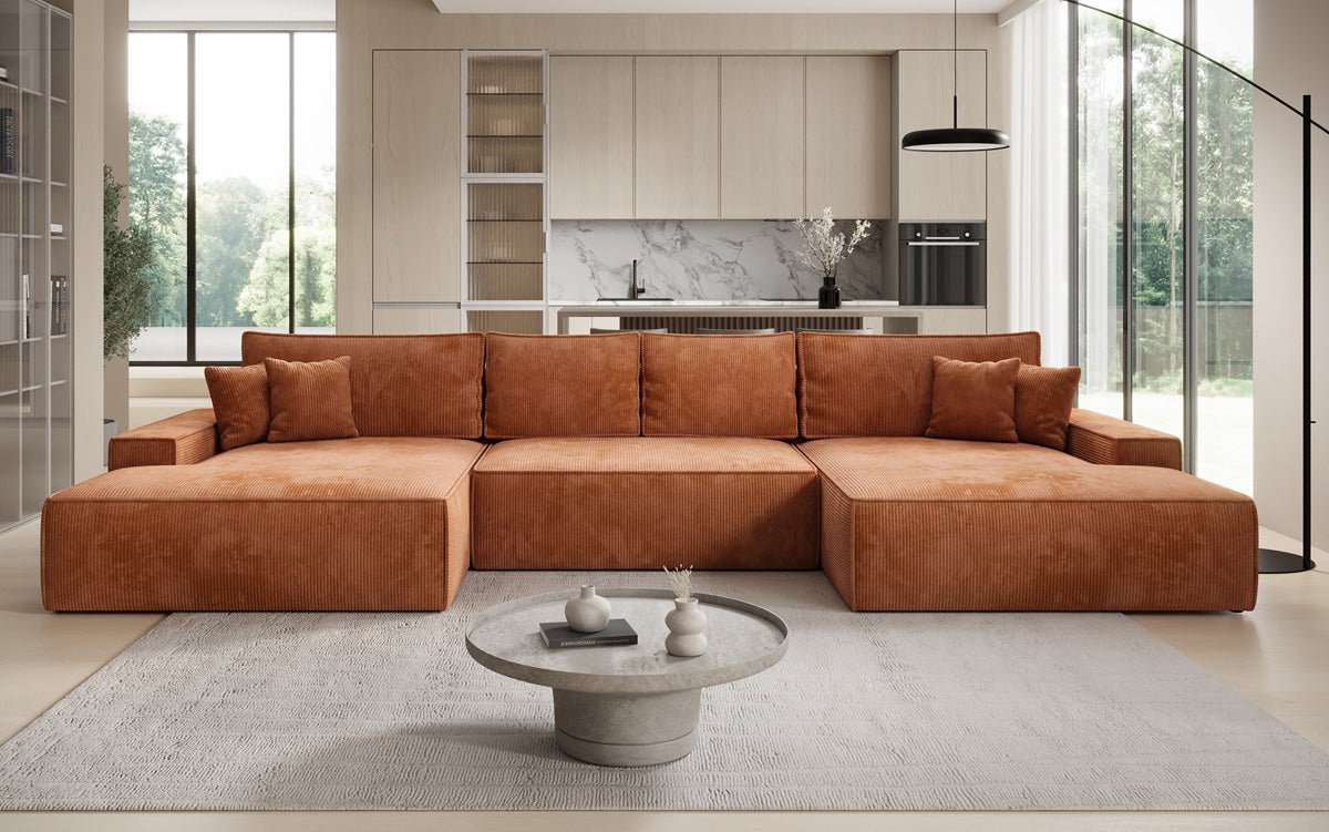 Designer Sofa Verona U mit breiter Ottomane mit Schlaffunktion und Stauraum in Cord