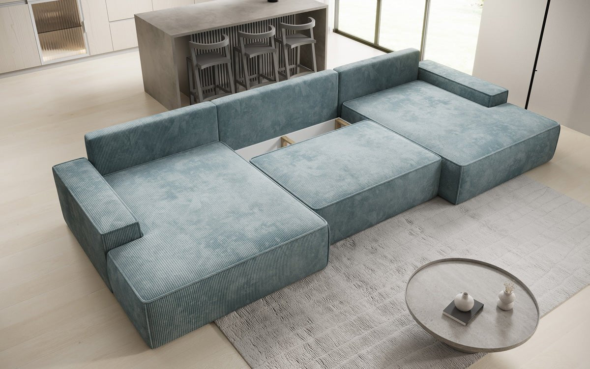 Designer Sofa Verona U mit breiter Ottomane mit Schlaffunktion und Stauraum in Cord