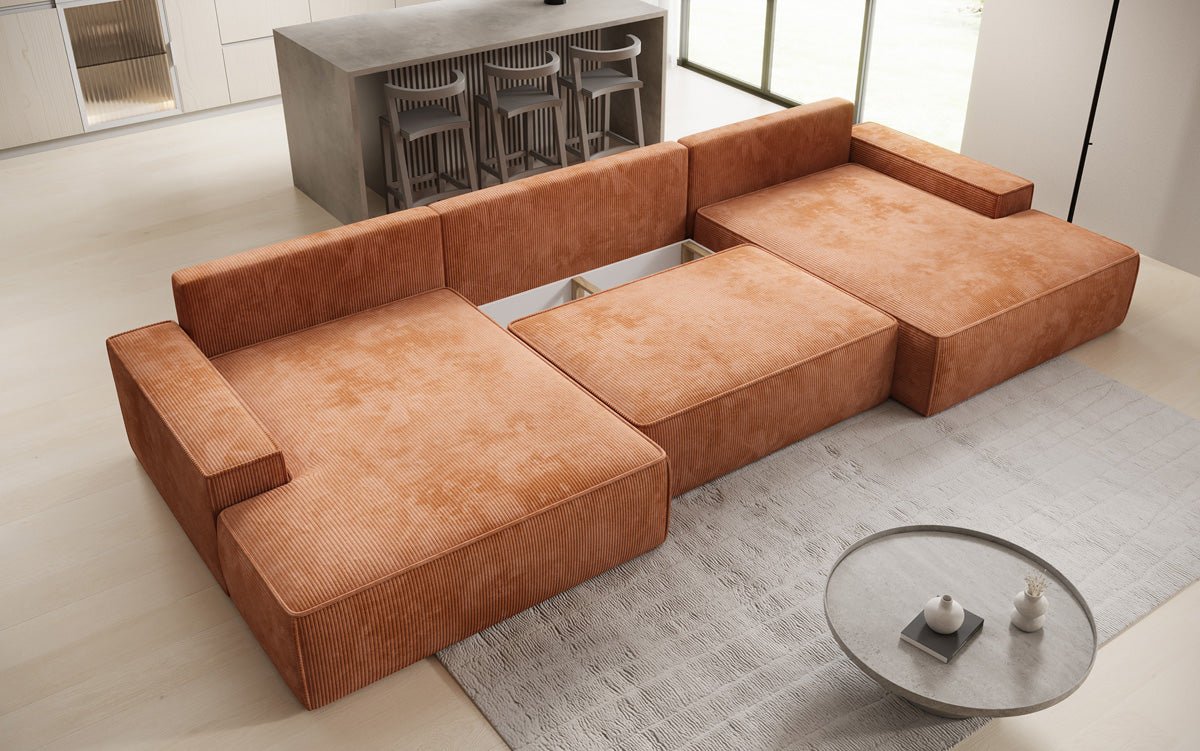 Designer Sofa Verona U mit breiter Ottomane mit Schlaffunktion und Stauraum in Cord