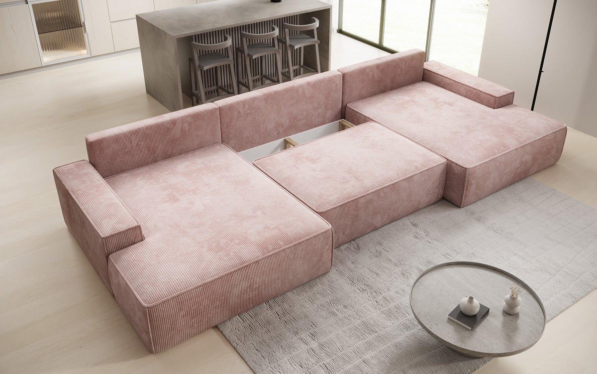 Designer Sofa Verona U mit breiter Ottomane mit Schlaffunktion und Stauraum in Cord