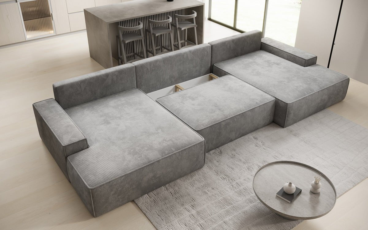Designer Sofa Verona U mit breiter Ottomane mit Schlaffunktion und Stauraum in Cord