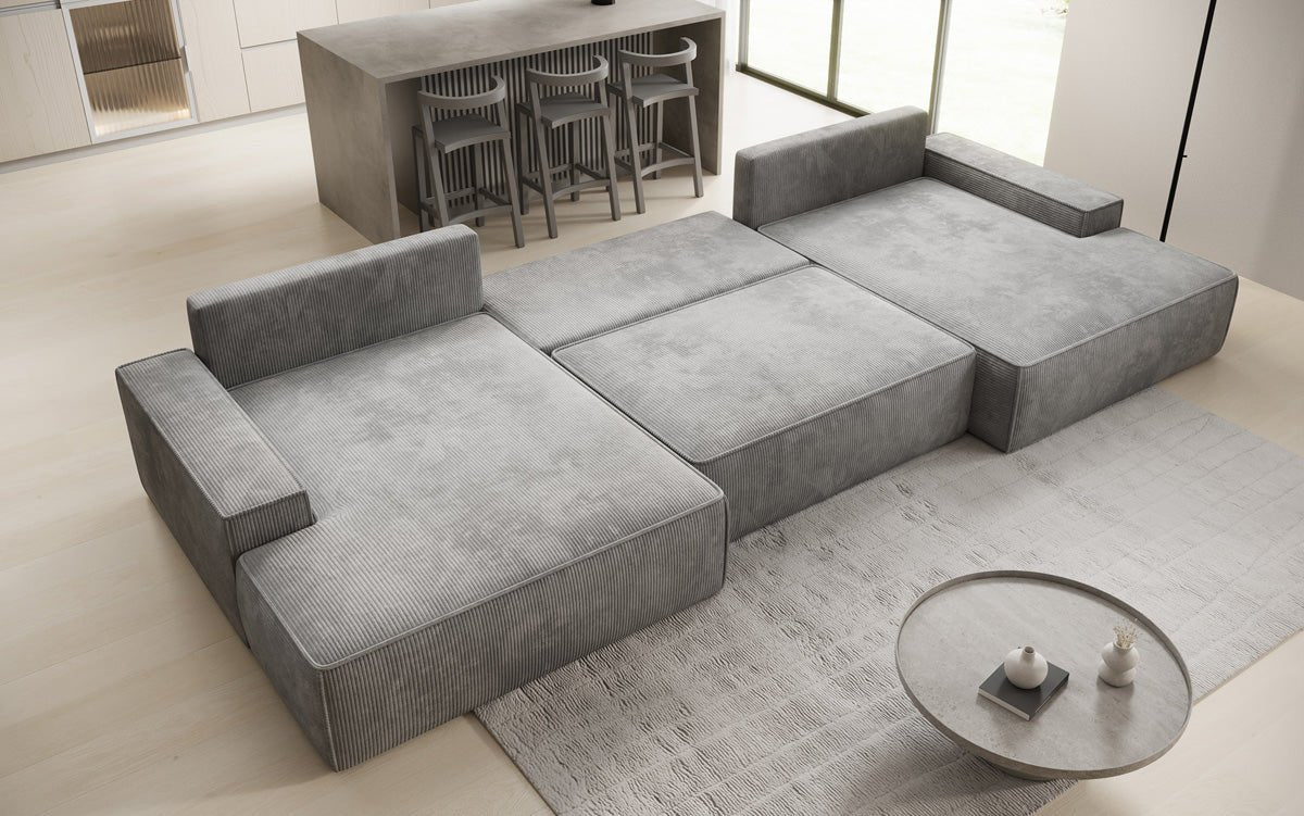 Designer Sofa Verona U mit breiter Ottomane mit Schlaffunktion und Stauraum in Cord