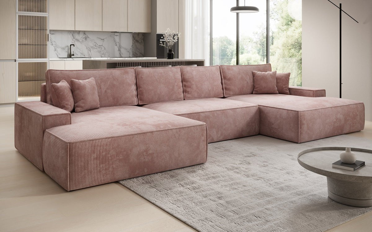 Designer Sofa Verona U mit breiter Ottomane mit Schlaffunktion und Stauraum in Cord