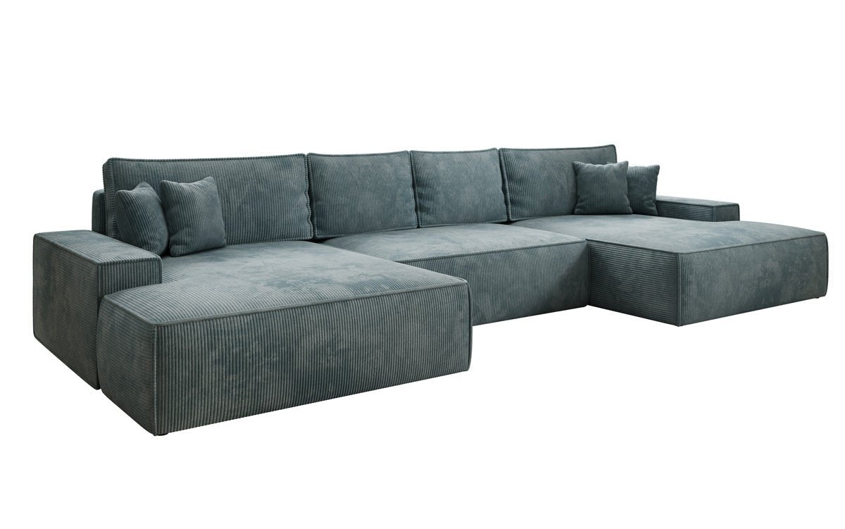 Designer Sofa Verona U mit breiter Ottomane mit Schlaffunktion und Stauraum in Cord