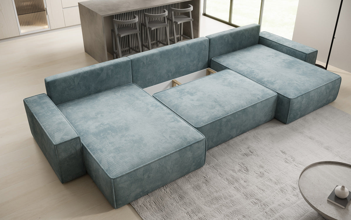 Designer Sofa Lunaro U mit Schlaffunktion und Stauraum in Cord